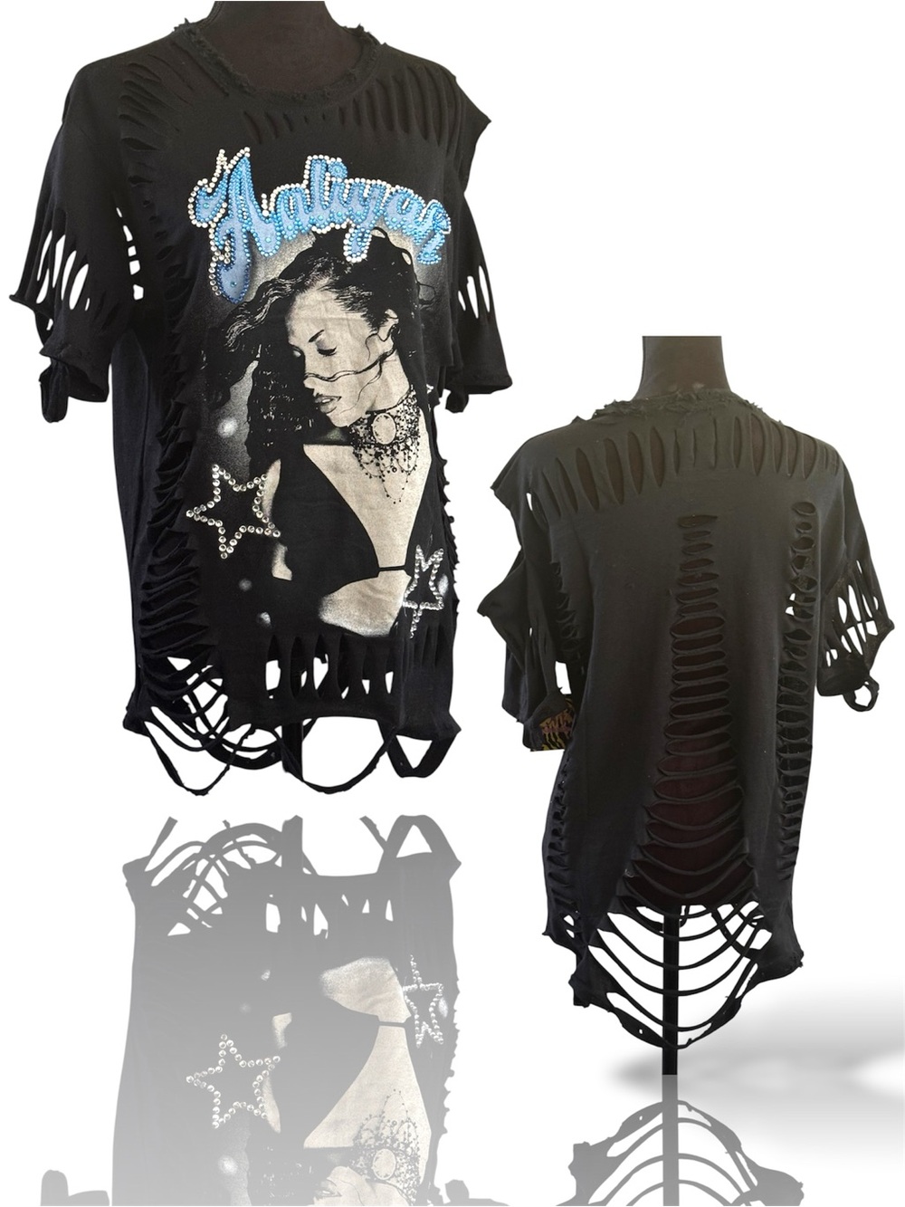 Destroyed Graphic Tee with Rhinestone Script and Star Design - Black & Blue